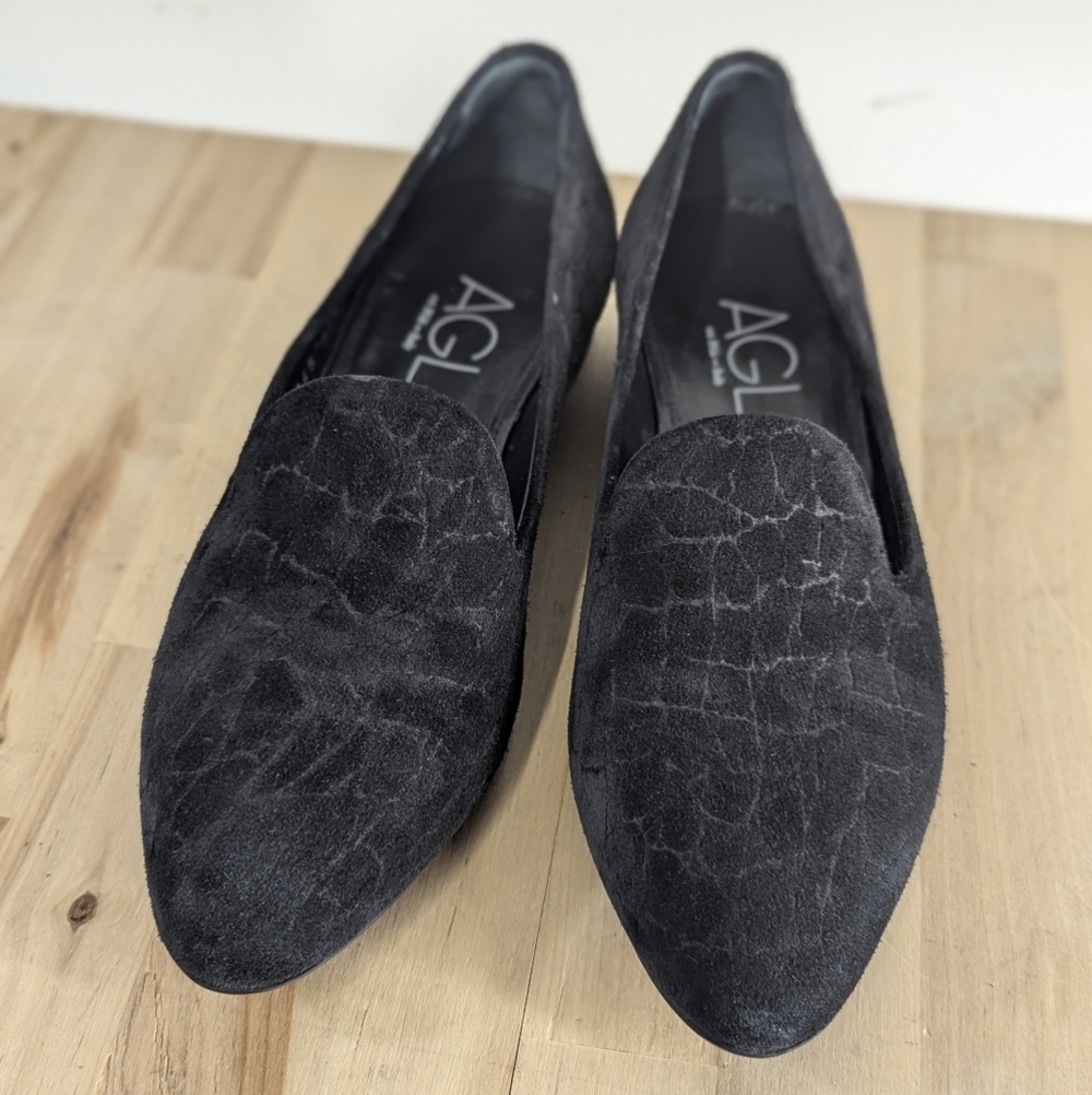 AGL Black Suede Italian Leather Loafers Animal Print 37.5 Low Heel 7 / 7.5